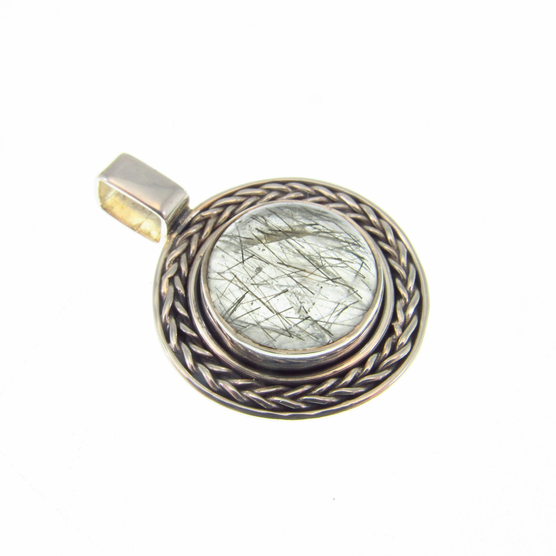 Solid 925 Sterling Silver Tourmalinated Quartz Necklace Pendant, Black Rutilated Quartz, Braided Bezel Setting, Healing Crystal Jewelry 02