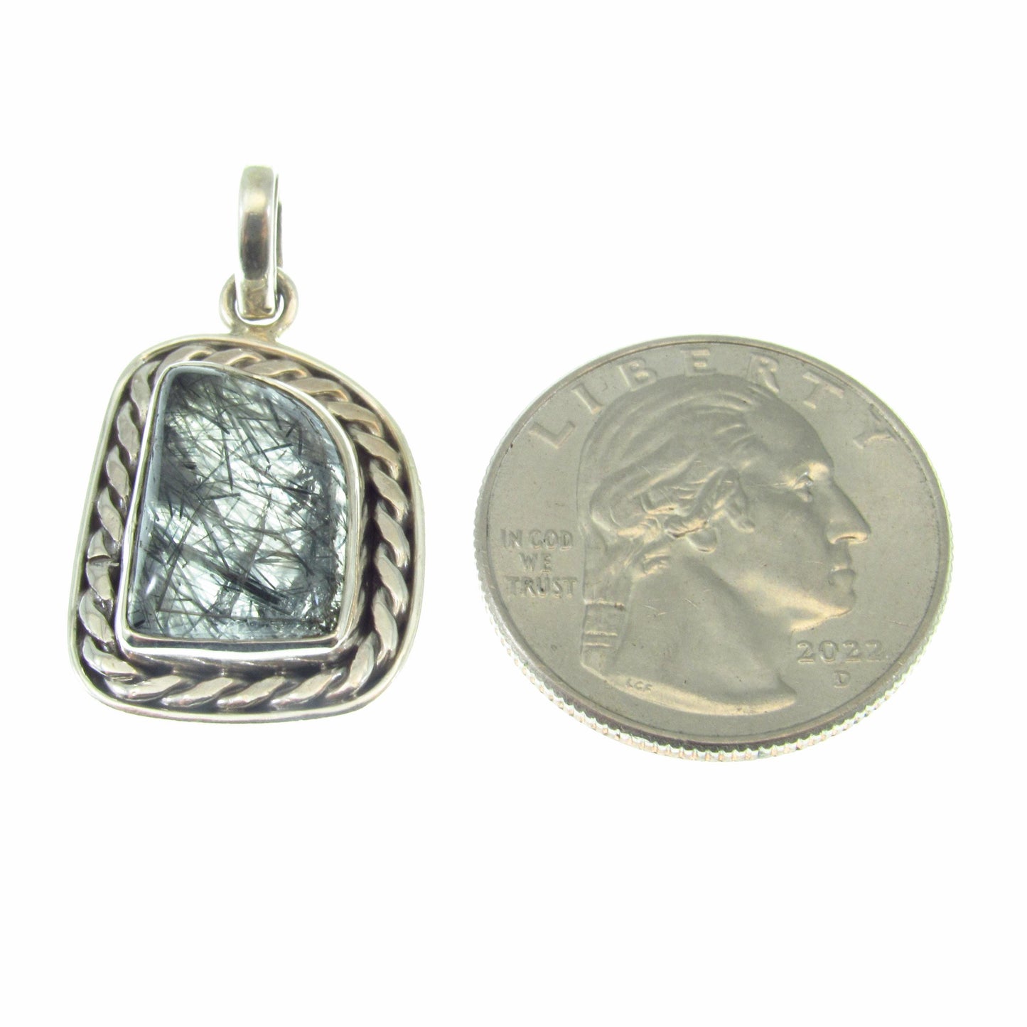 Solid 925 Sterling Silver Tourmalinated Quartz Necklace Pendant, Black Rutilated Quartz, Braided Bezel Setting, Healing Crystal Jewelry 01