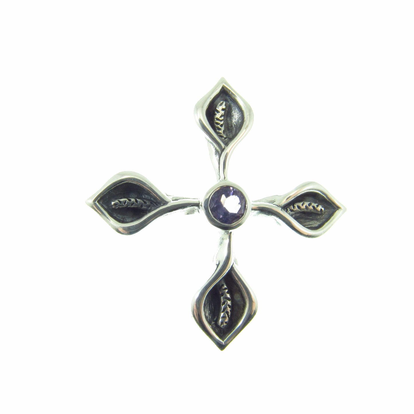 Solid 925 Sterling Silver Calla Lily Cross Slide Pendant with Faceted Amethyst Gemstone, Floral Christian Jewelry, Women’s Religious Amulet