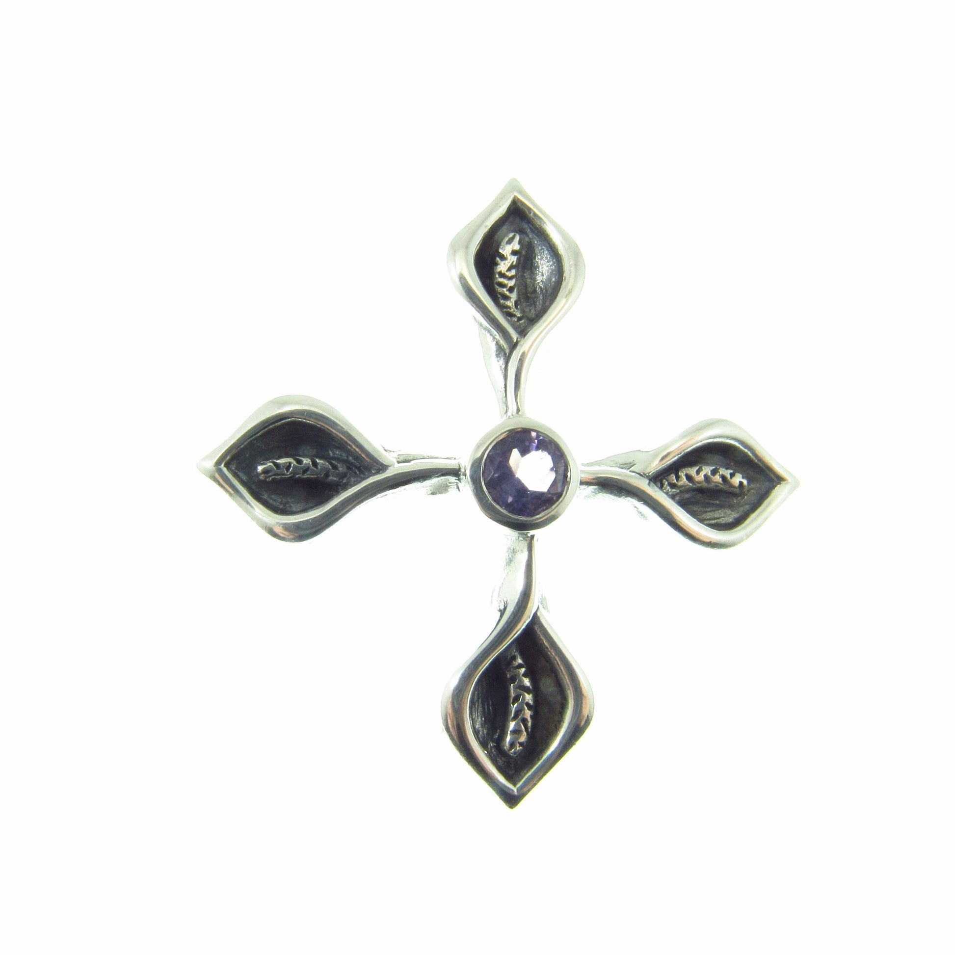 Solid 925 Sterling Silver Calla Lily Cross Slide Pendant with Faceted Amethyst Gemstone, Floral Christian Jewelry, Women’s Religious Amulet