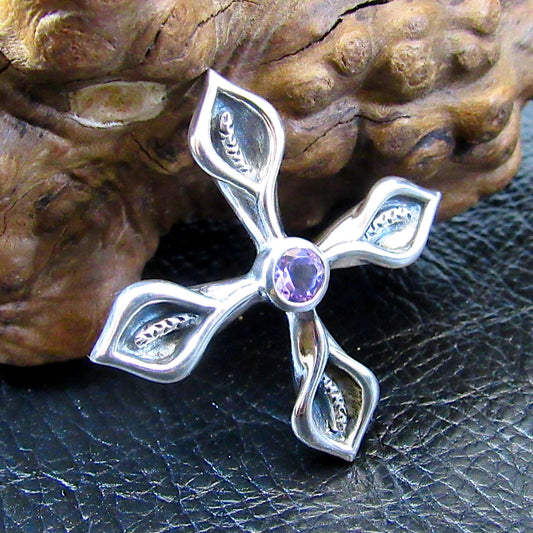 Solid 925 Sterling Silver Calla Lily Cross Slide Pendant with Faceted Amethyst Gemstone, Floral Christian Jewelry, Women’s Religious Amulet