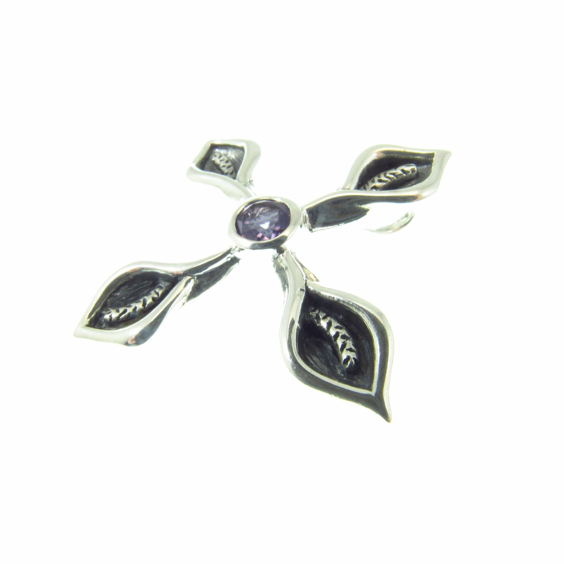 Solid 925 Sterling Silver Calla Lily Cross Slide Pendant with Faceted Amethyst Gemstone, Floral Christian Jewelry, Women’s Religious Amulet
