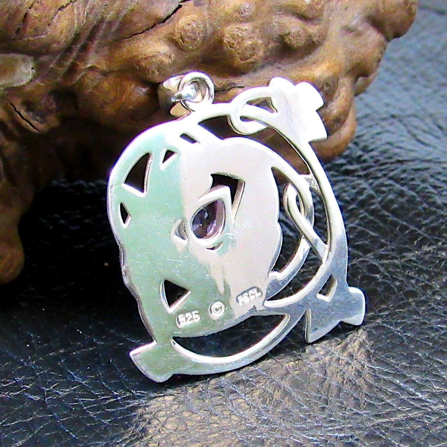 Solid 925 Sterling Silver Red Enamel Flower Pendant with Amethyst or Garnet, Celtic Art Nouveau Jewelry Necklace Amulet with Flowing Swirls