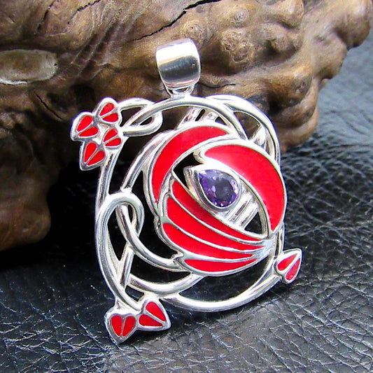 Solid 925 Sterling Silver Red Enamel Flower Pendant with Amethyst or Garnet, Celtic Art Nouveau Jewelry Necklace Amulet with Flowing Swirls