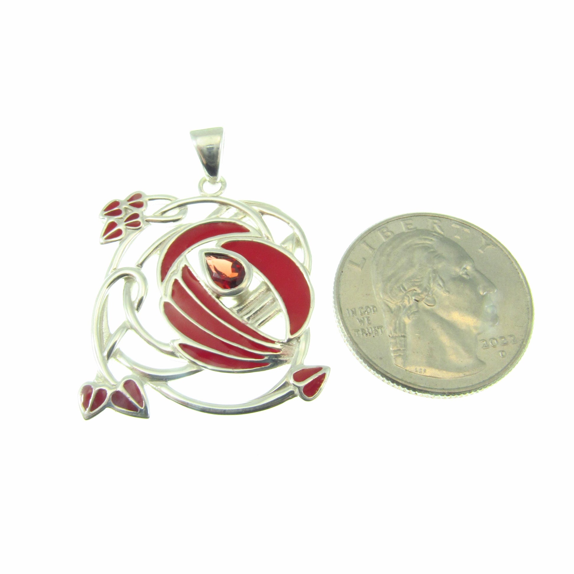 Solid 925 Sterling Silver Red Enamel Flower Pendant with Amethyst or Garnet, Celtic Art Nouveau Jewelry Necklace Amulet with Flowing Swirls