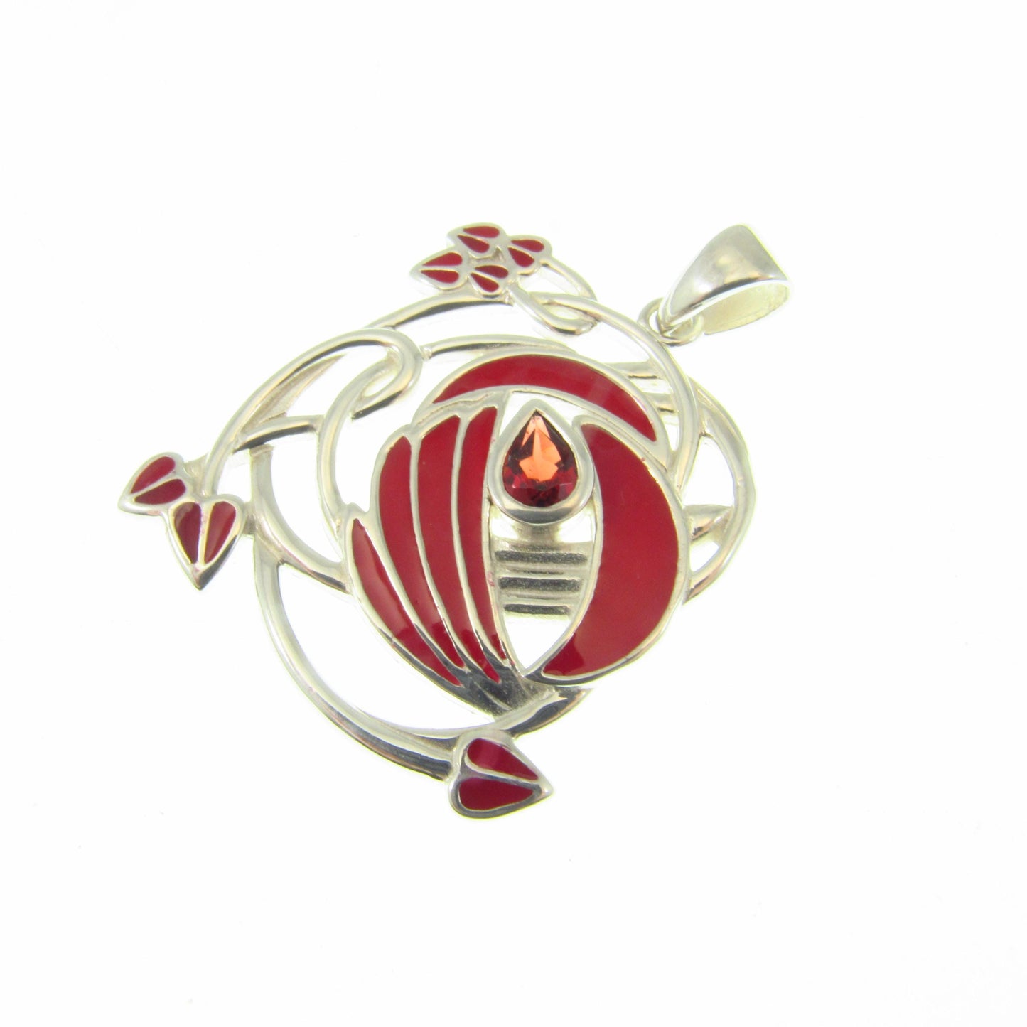Solid 925 Sterling Silver Red Enamel Flower Pendant with Amethyst or Garnet, Celtic Art Nouveau Jewelry Necklace Amulet with Flowing Swirls
