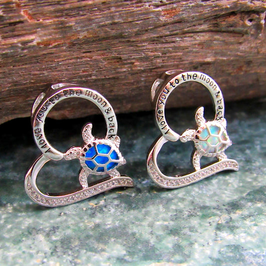 Solid 925 Sterling Silver and Blue or White Opal Turtle Heart Pendant, Engraved "I Love You to the Moon and Back" Handcrafted Jewelry