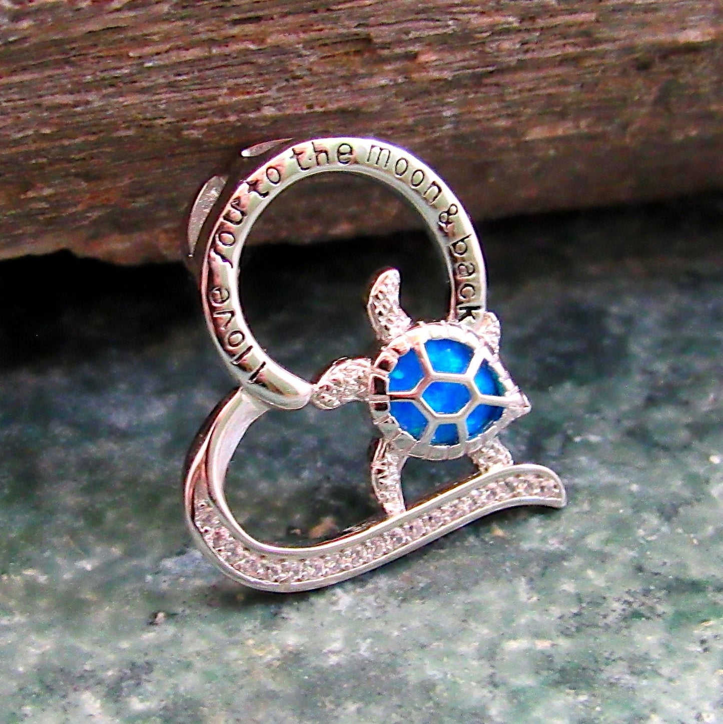 Solid 925 Sterling Silver and Blue or White Opal Turtle Heart Pendant, Engraved "I Love You to the Moon and Back" Handcrafted Jewelry