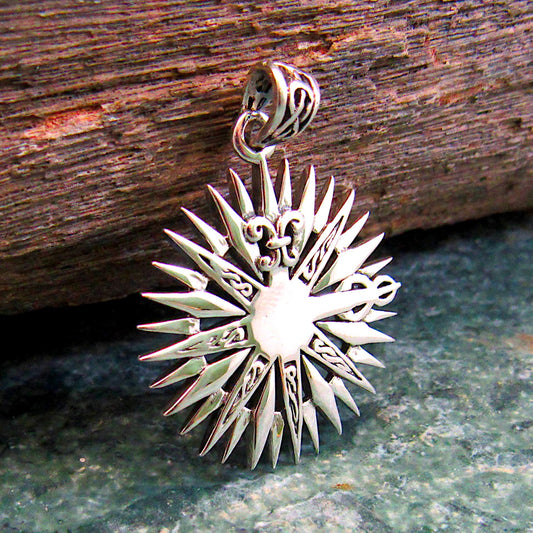 Solid 925 Sterling Silver Rose Compass Pendant, Fleur de Lis Celtic Jewelry, Nautical North Star Amulet, Nautical Gift for Men or Women