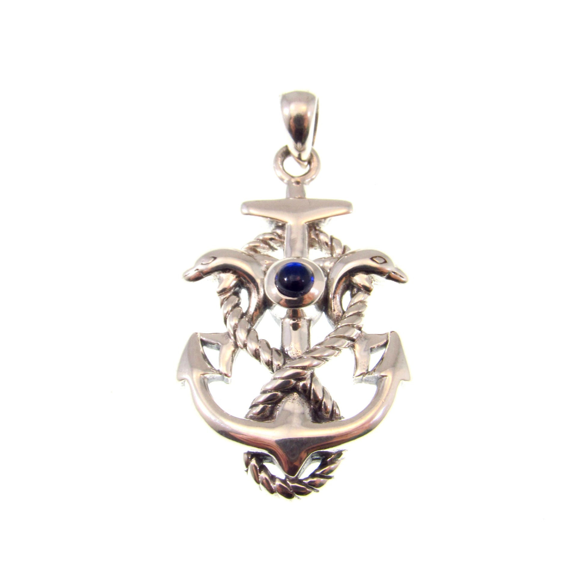 Solid 925 Sterling Silver Anchor Pendant with Dolphins and Created Sapphire – Nautical Sea Life Jewelry - Maritime Gift for Men or Women