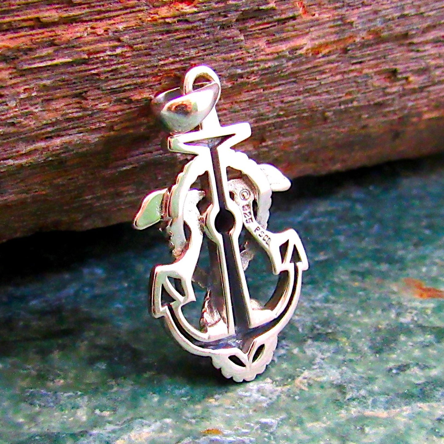 Solid 925 Sterling Silver Anchor Pendant with Dolphins and Created Sapphire – Nautical Sea Life Jewelry - Maritime Gift for Men or Women