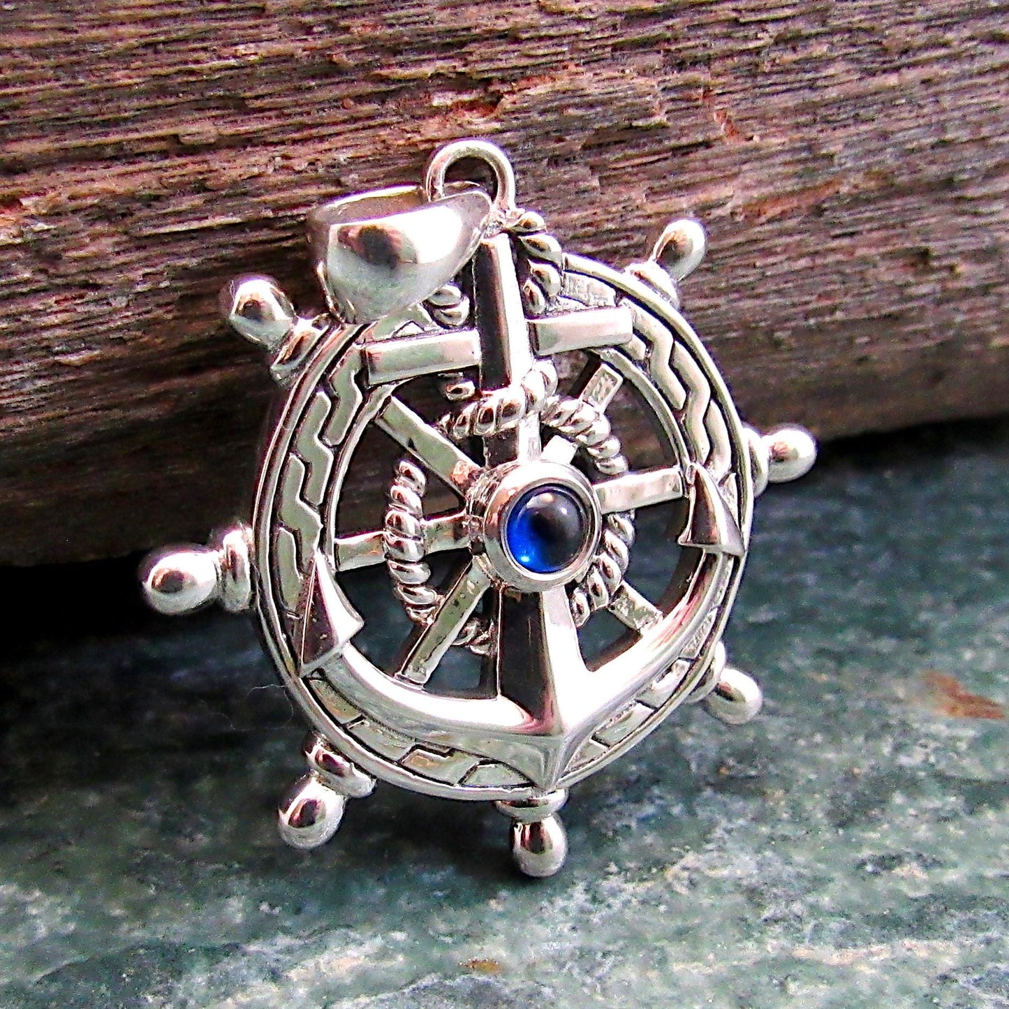 Solid 925 Sterling Silver Ship Wheel and Anchor Pendant, Blue Sapphire Gemstone, Nautical Compass & Helm Amulet, Sailcore Gift for Men