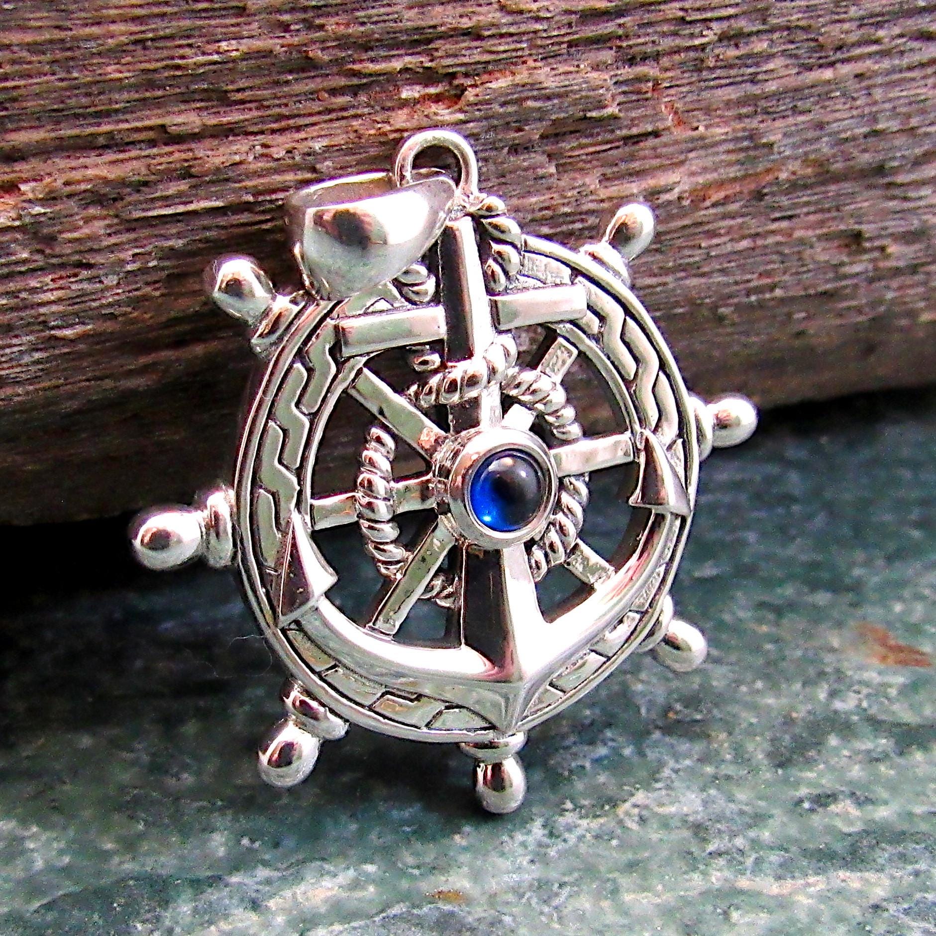 Solid 925 Sterling Silver Ship Wheel and Anchor Pendant, Blue Sapphire Gemstone, Nautical Compass & Helm Amulet, Sailcore Gift for Men