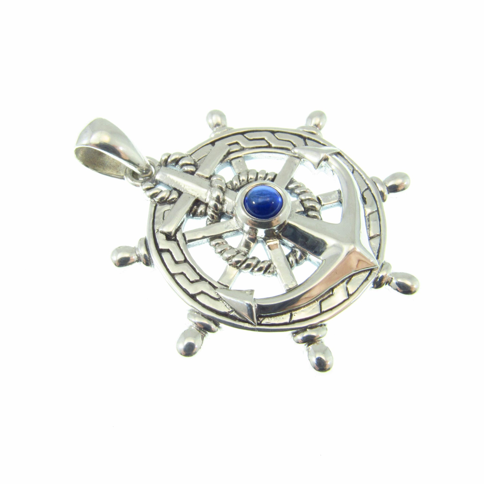 Solid 925 Sterling Silver Ship Wheel and Anchor Pendant, Blue Sapphire Gemstone, Nautical Compass & Helm Amulet, Sailcore Gift for Men