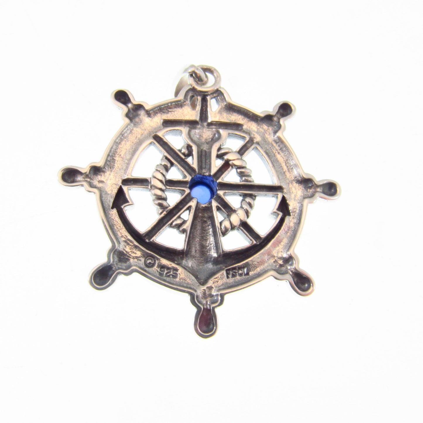 Solid 925 Sterling Silver Ship Wheel and Anchor Pendant, Blue Sapphire Gemstone, Nautical Compass & Helm Amulet, Sailcore Gift for Men