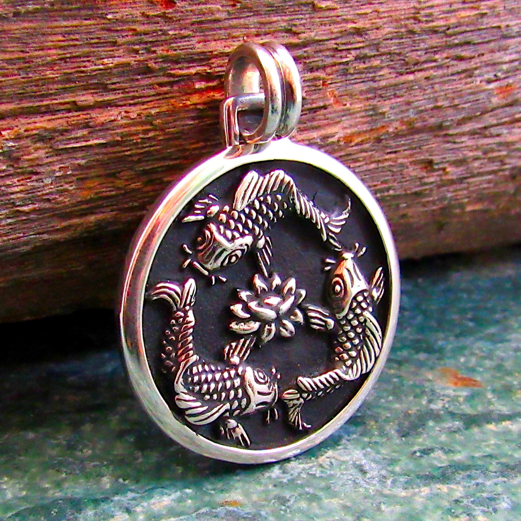 Solid 925 Sterling Silver Chinese Fish Pendant, Nautical Feng Shui Amulet – Lotus Symbol Jewelry for Luck, Prosperity, and Positive Energy