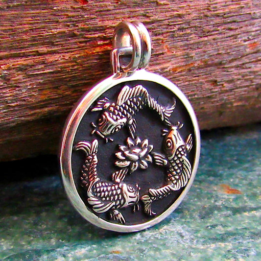 Solid 925 Sterling Silver Chinese Fish Pendant, Nautical Feng Shui Amulet – Lotus Symbol Jewelry for Luck, Prosperity, and Positive Energy