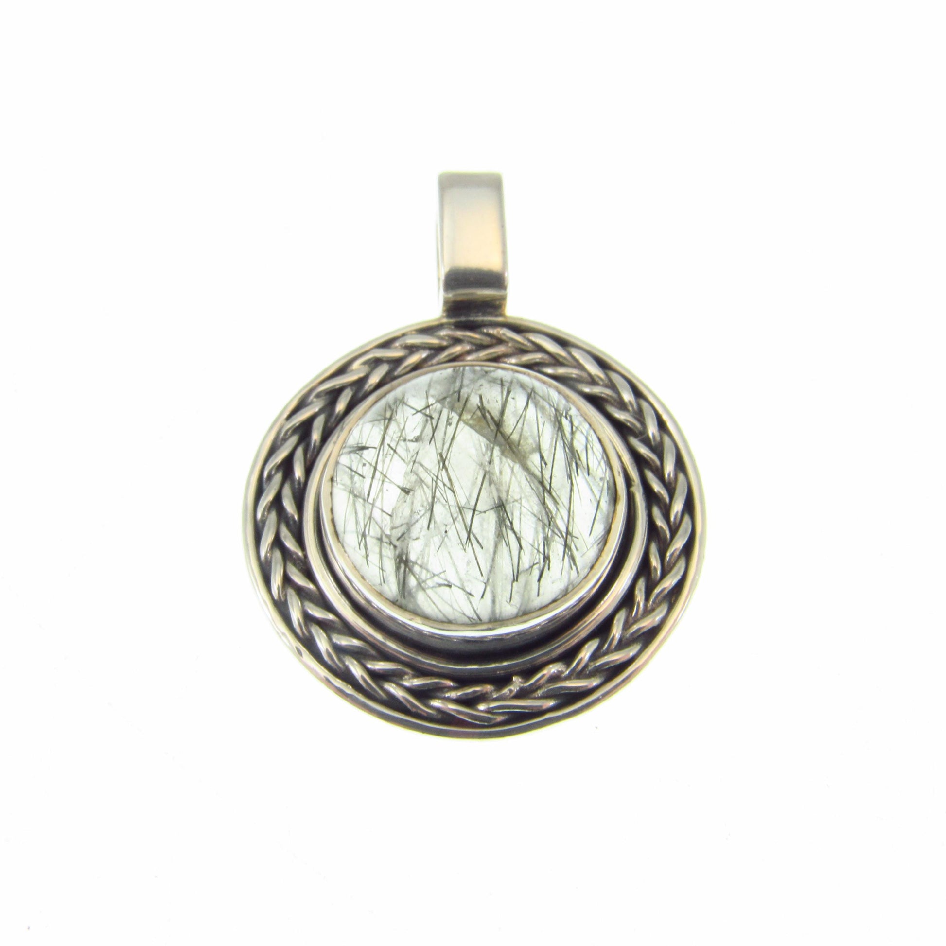 Solid 925 Sterling Silver Tourmalinated Quartz Necklace Pendant, Black Rutilated Quartz, Braided Bezel Setting, Healing Crystal Jewelry 02