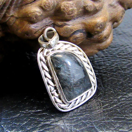 Solid 925 Sterling Silver Tourmalinated Quartz Necklace Pendant, Black Rutilated Quartz, Braided Bezel Setting, Healing Crystal Jewelry 01