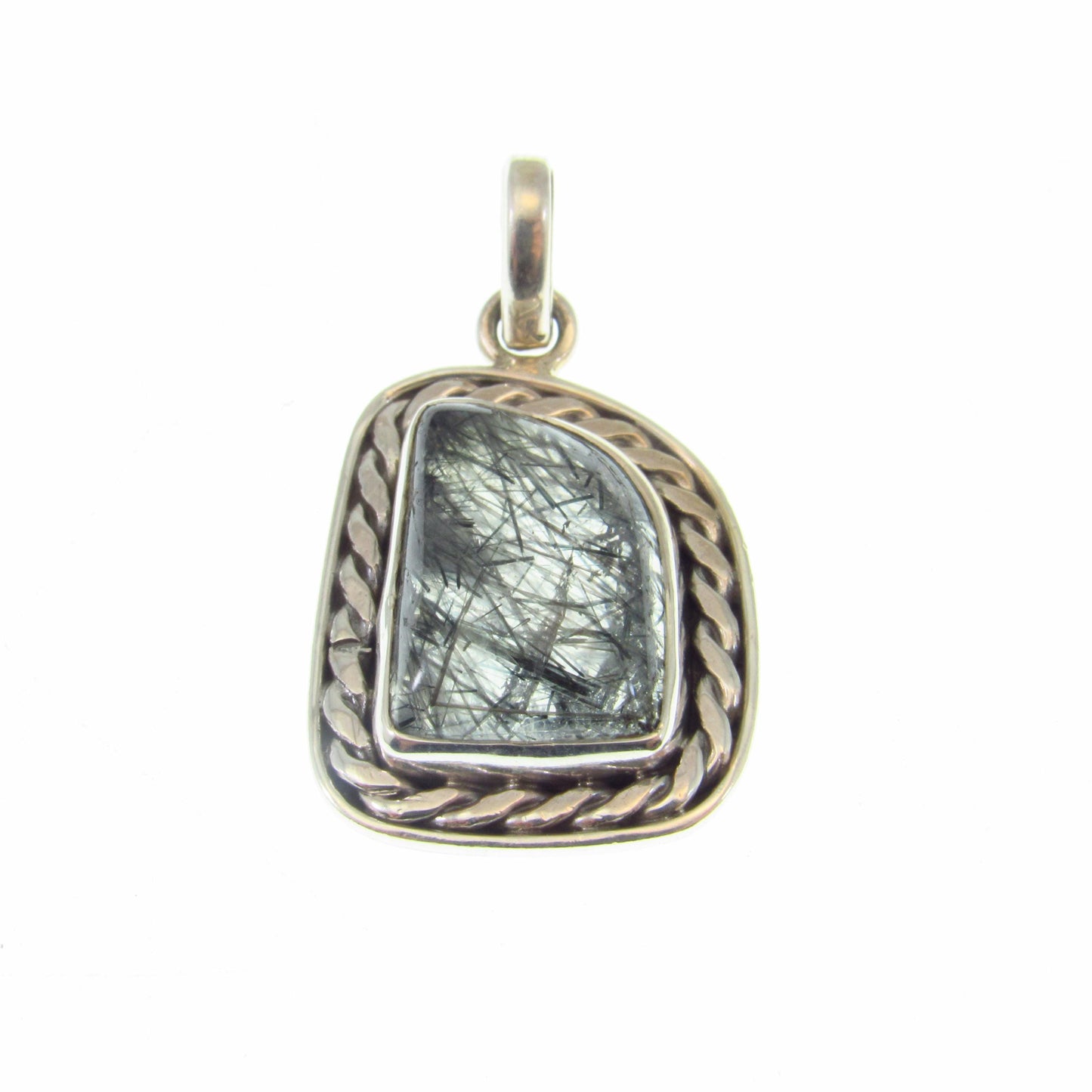 Solid 925 Sterling Silver Tourmalinated Quartz Necklace Pendant, Black Rutilated Quartz, Braided Bezel Setting, Healing Crystal Jewelry 01