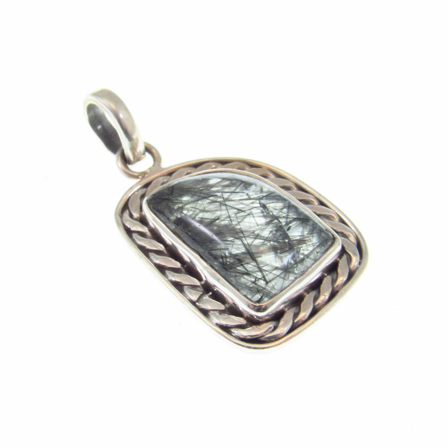 Solid 925 Sterling Silver Tourmalinated Quartz Necklace Pendant, Black Rutilated Quartz, Braided Bezel Setting, Healing Crystal Jewelry 01