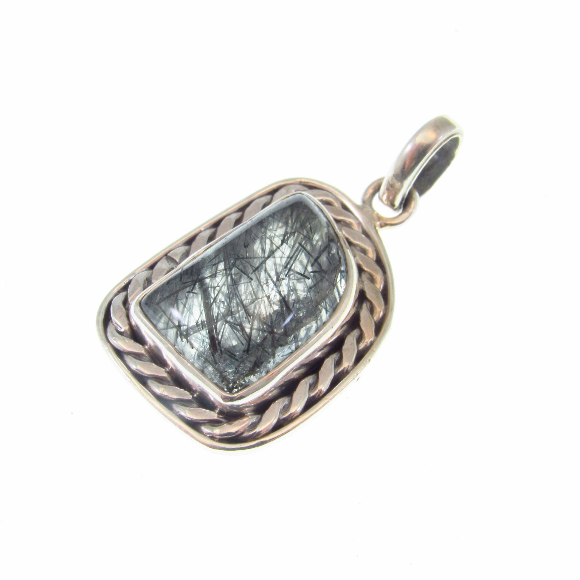 Solid 925 Sterling Silver Tourmalinated Quartz Necklace Pendant, Black Rutilated Quartz, Braided Bezel Setting, Healing Crystal Jewelry 01