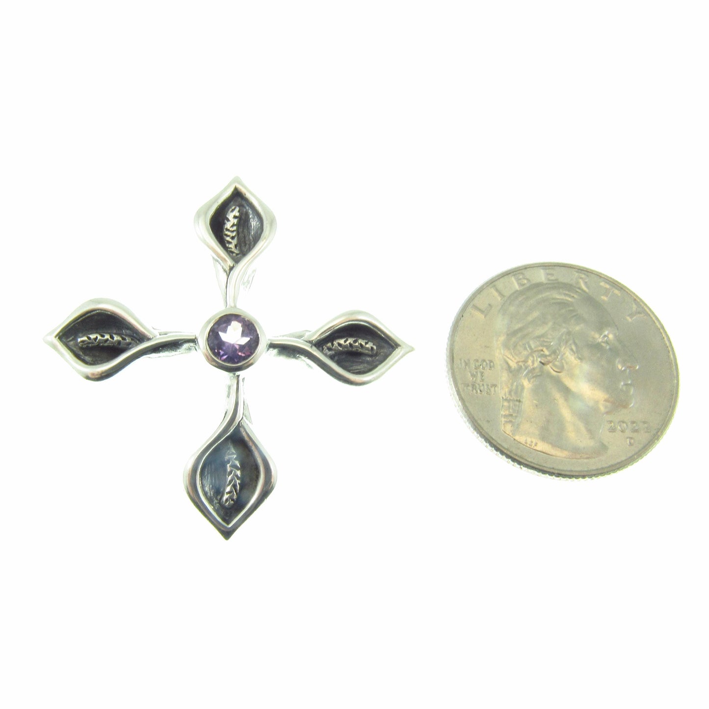 Solid 925 Sterling Silver Calla Lily Cross Slide Pendant with Faceted Amethyst Gemstone, Floral Christian Jewelry, Women’s Religious Amulet