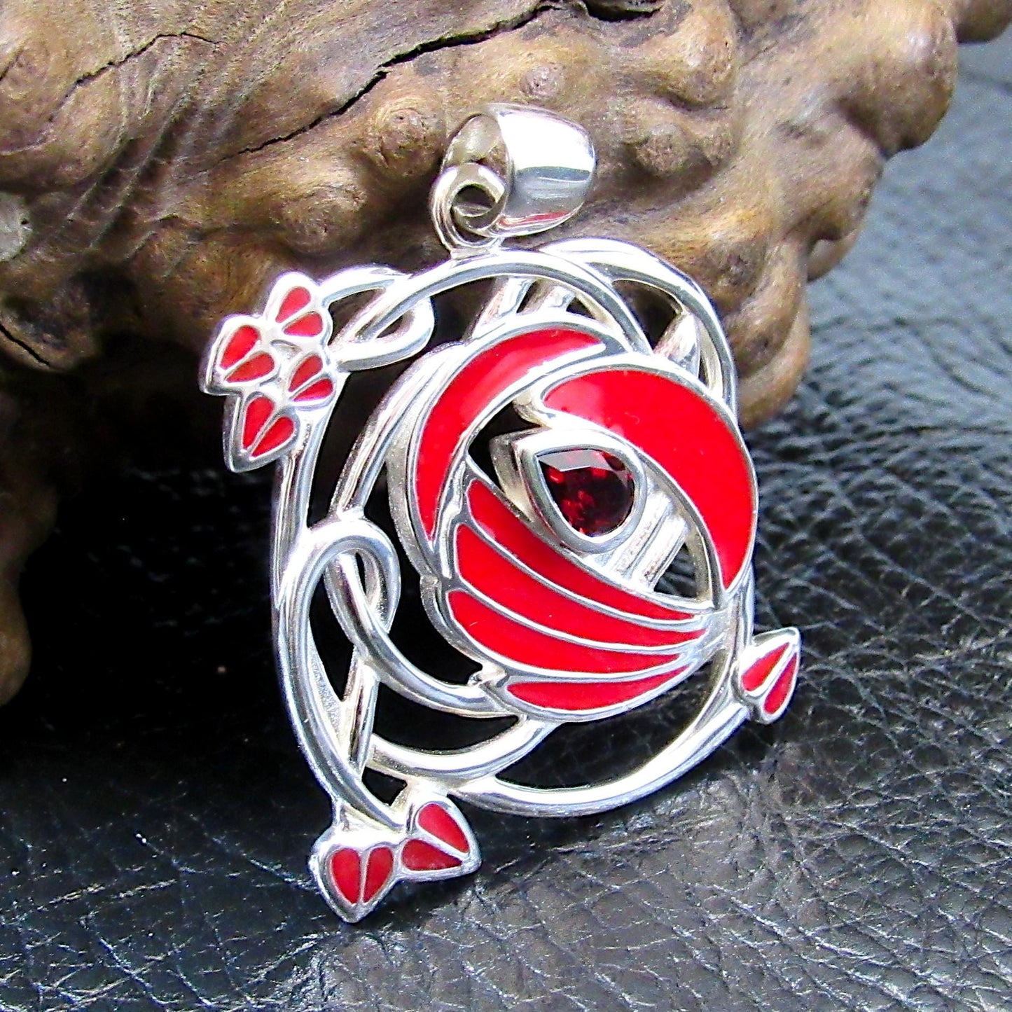 Solid 925 Sterling Silver Red Enamel Flower Pendant with Amethyst or Garnet, Celtic Art Nouveau Jewelry Necklace Amulet with Flowing Swirls