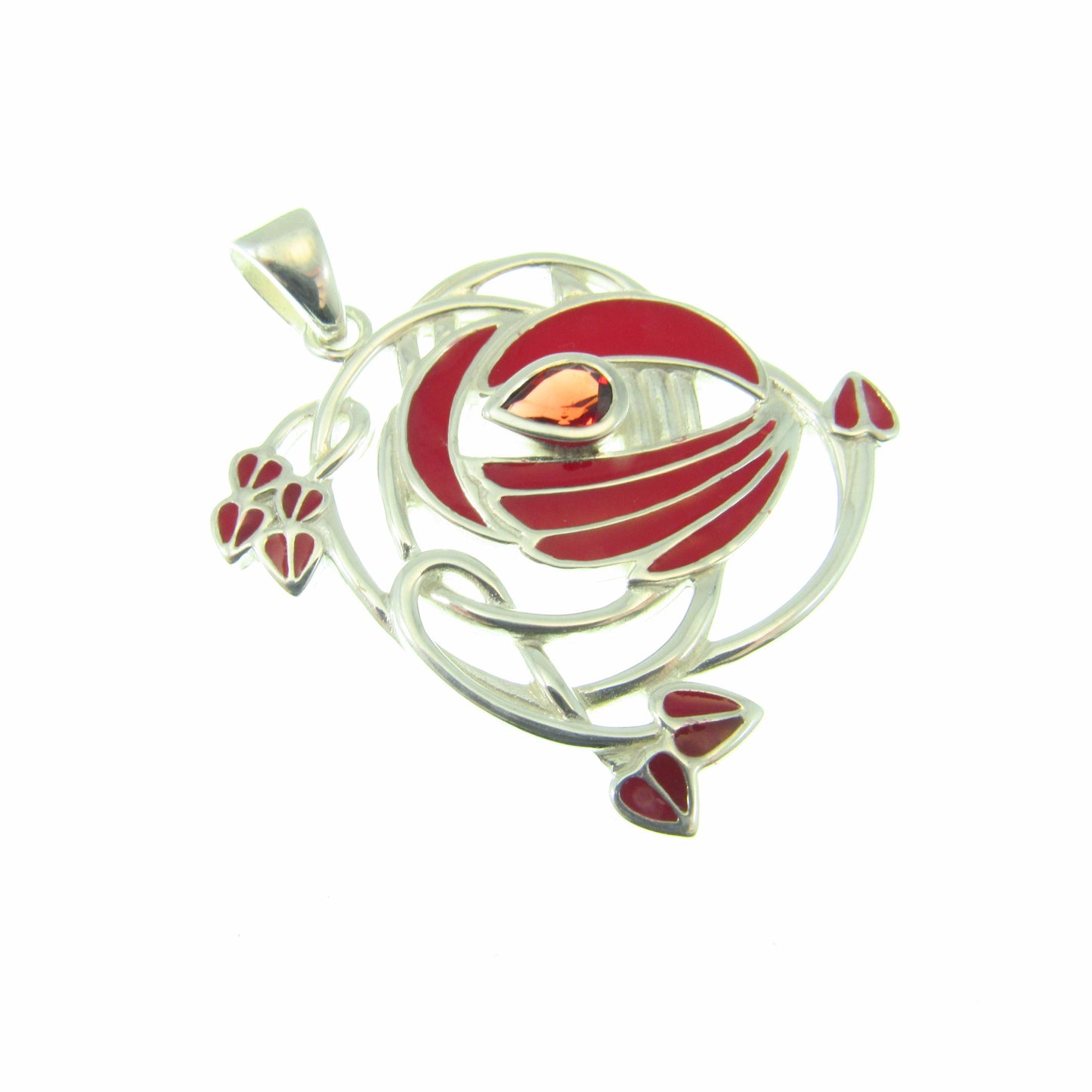 Solid 925 Sterling Silver Red Enamel Flower Pendant with Amethyst or Garnet, Celtic Art Nouveau Jewelry Necklace Amulet with Flowing Swirls