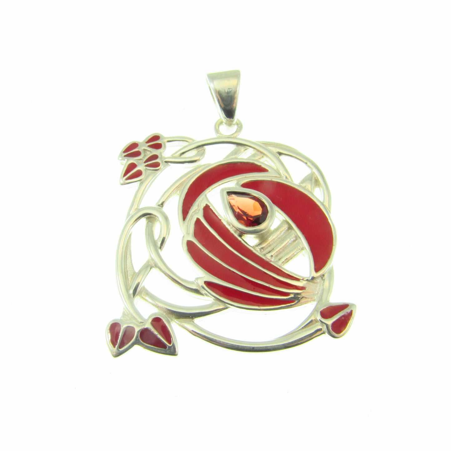 Solid 925 Sterling Silver Red Enamel Flower Pendant with Amethyst or Garnet, Celtic Art Nouveau Jewelry Necklace Amulet with Flowing Swirls