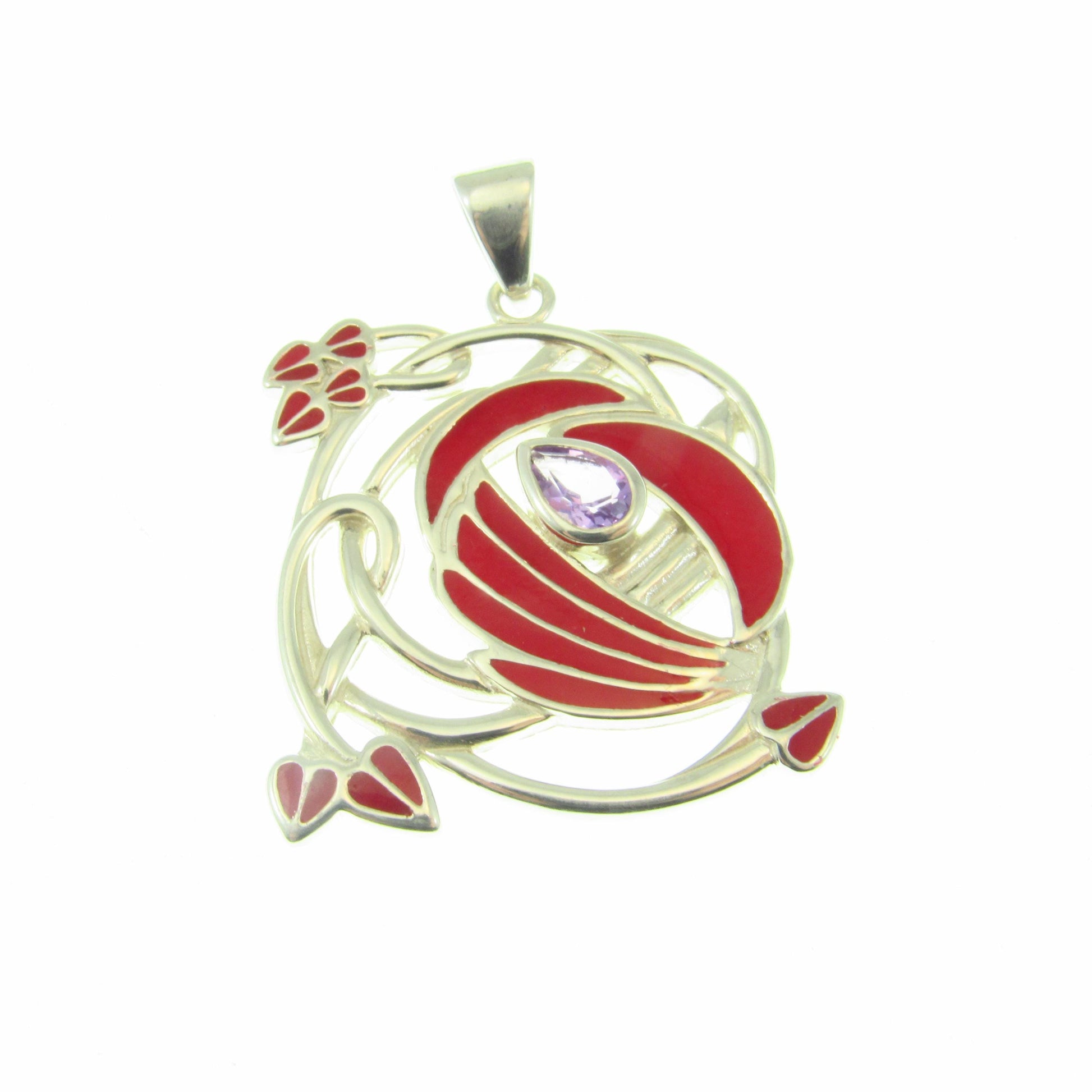 Solid 925 Sterling Silver Red Enamel Flower Pendant with Amethyst or Garnet, Celtic Art Nouveau Jewelry Necklace Amulet with Flowing Swirls