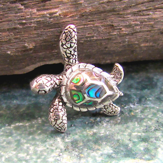 Solid 925 Sterling Silver Sea Turtle Slide Pendant with Abalone Shell – Ocean Jewelry, Nautical Animal Necklace, Beach Lover Gift