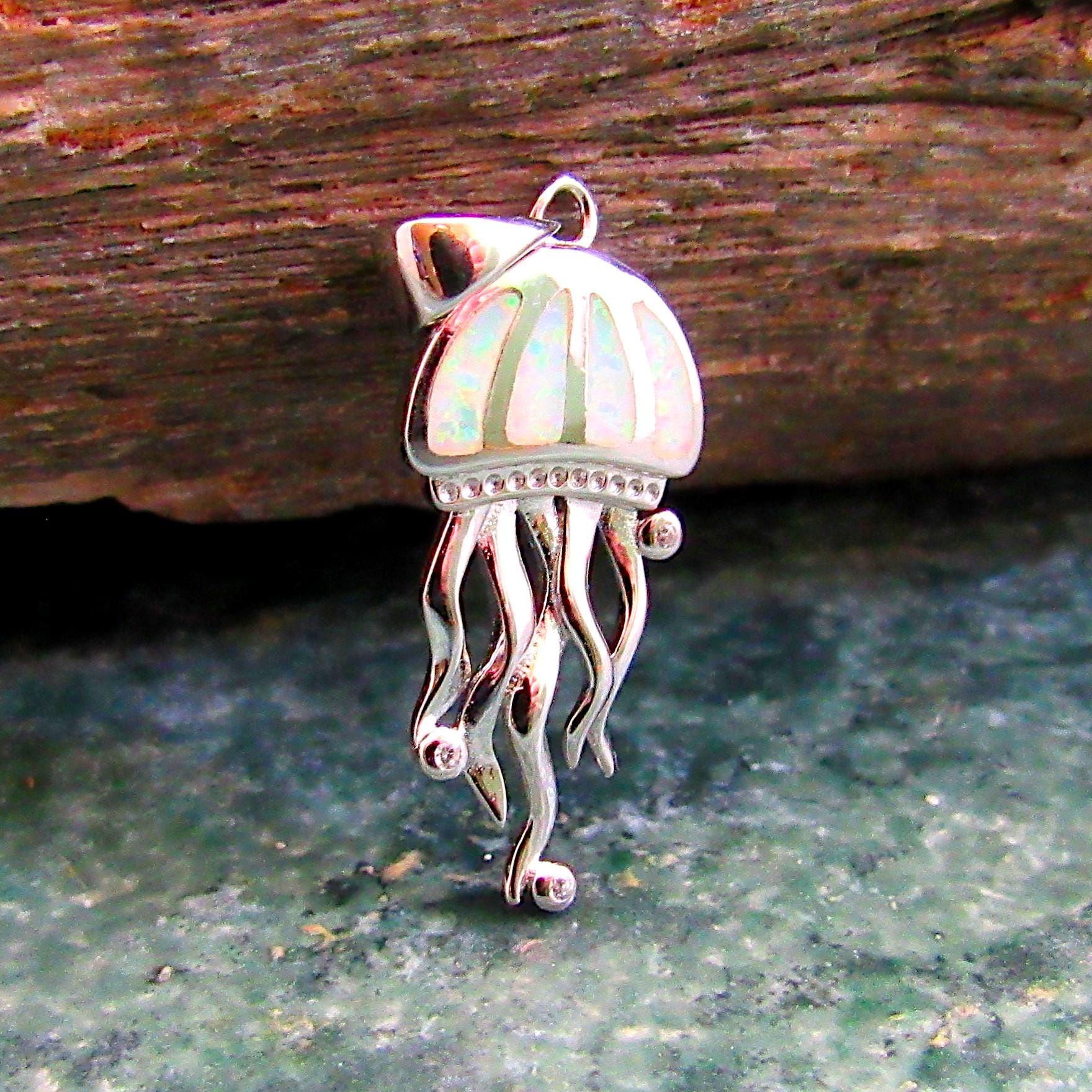 Solid 925 Sterling Silver Jellyfish Pendant, Blue or White Opal Gemstones, Handcrafted Sea Life Jewelry, Marine Ocean Nautical Charm