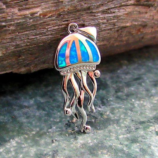 Solid 925 Sterling Silver Jellyfish Pendant, Blue or White Opal Gemstones, Handcrafted Sea Life Jewelry, Marine Ocean Nautical Charm
