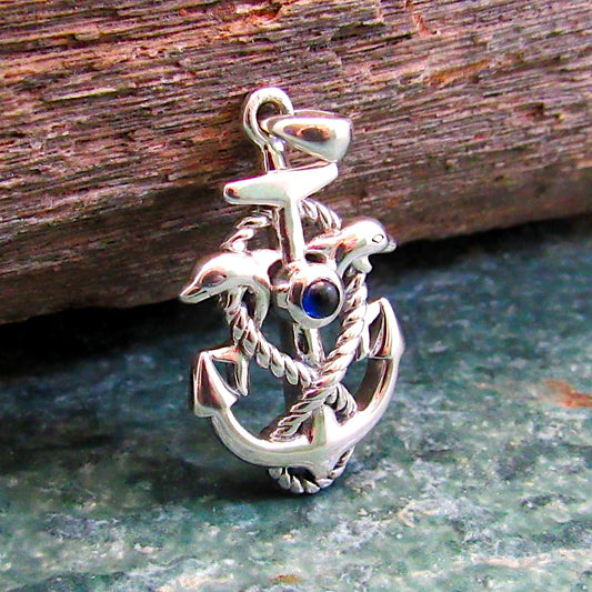 Solid 925 Sterling Silver Anchor Pendant with Dolphins and Created Sapphire – Nautical Sea Life Jewelry - Maritime Gift for Men or Women