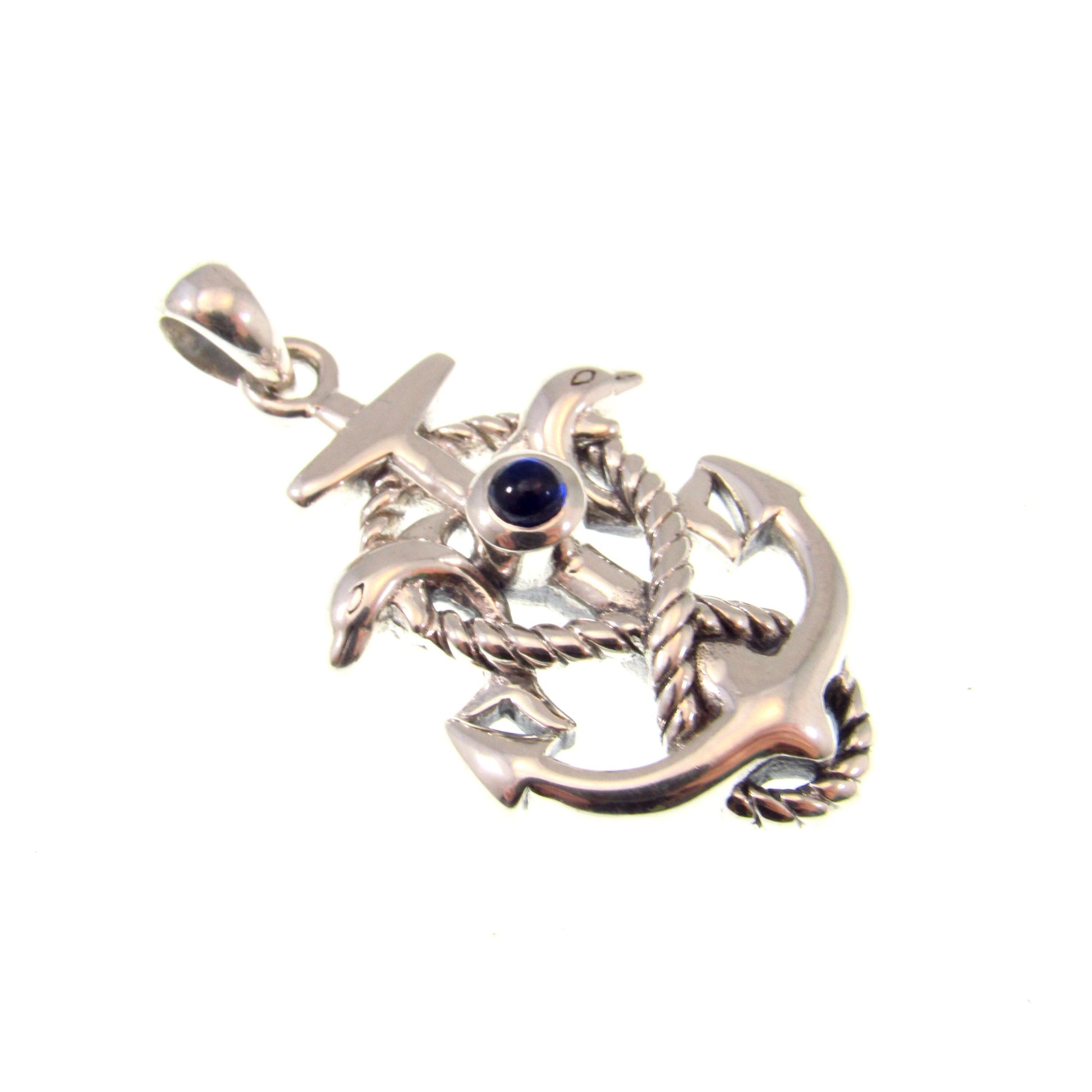 Solid 925 Sterling Silver Anchor Pendant with Dolphins and Created Sapphire – Nautical Sea Life Jewelry - Maritime Gift for Men or Women