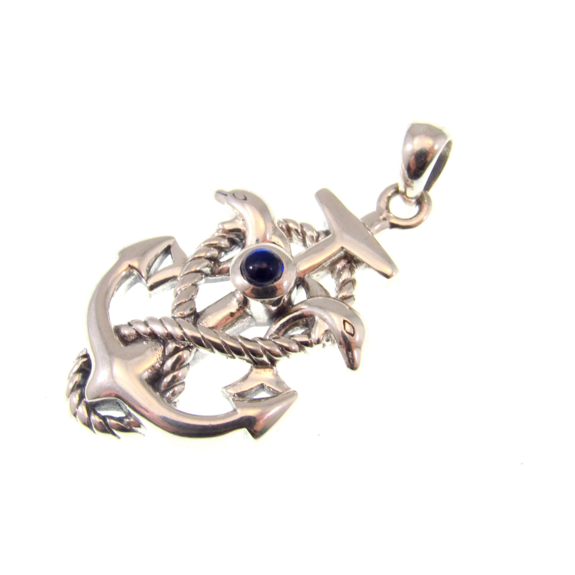 Solid 925 Sterling Silver Anchor Pendant with Dolphins and Created Sapphire – Nautical Sea Life Jewelry - Maritime Gift for Men or Women
