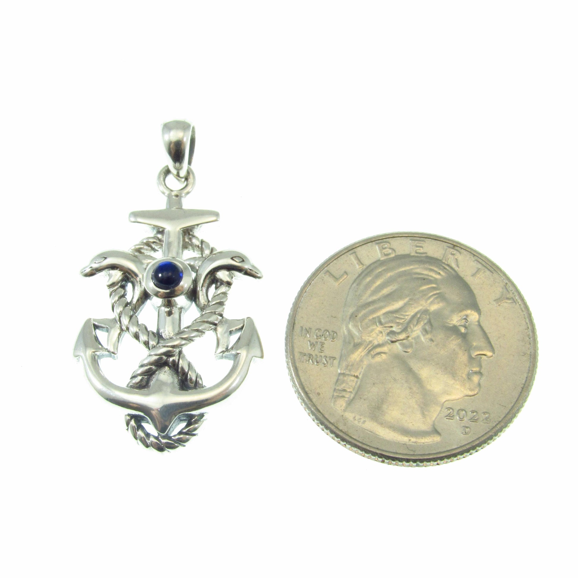 Solid 925 Sterling Silver Anchor Pendant with Dolphins and Created Sapphire – Nautical Sea Life Jewelry - Maritime Gift for Men or Women