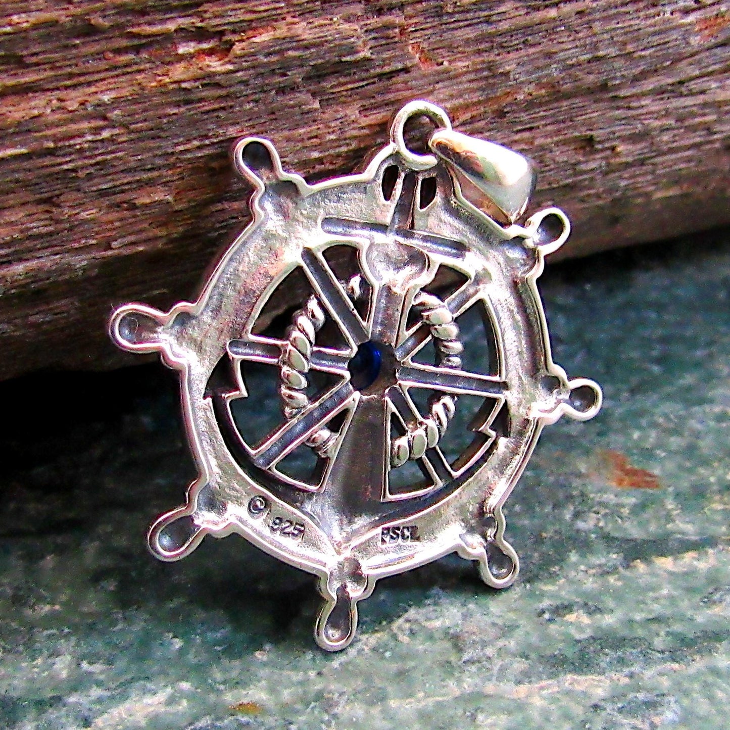 Solid 925 Sterling Silver Ship Wheel and Anchor Pendant, Blue Sapphire Gemstone, Nautical Compass & Helm Amulet, Sailcore Gift for Men