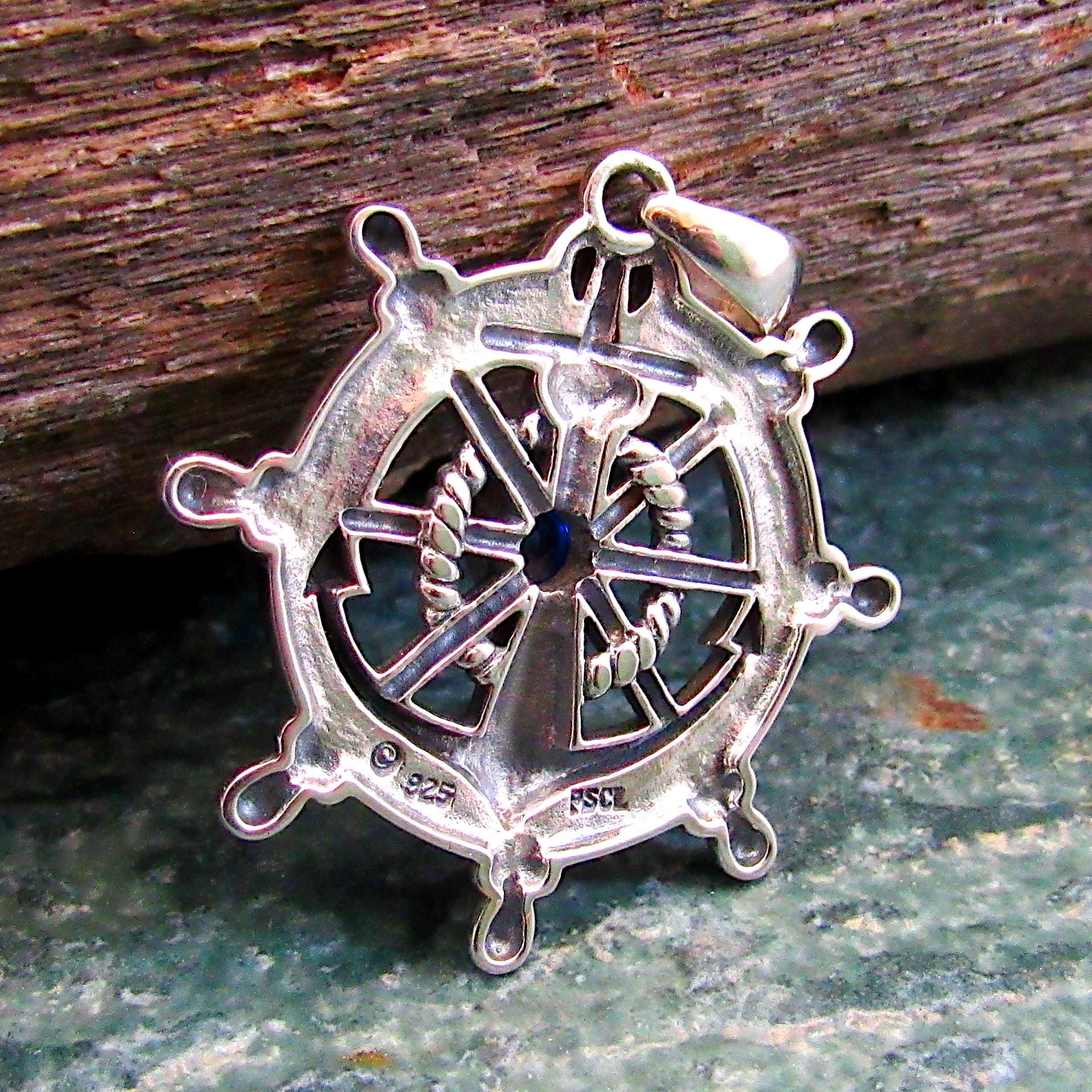 Solid 925 Sterling Silver Ship Wheel and Anchor Pendant, Blue Sapphire Gemstone, Nautical Compass & Helm Amulet, Sailcore Gift for Men