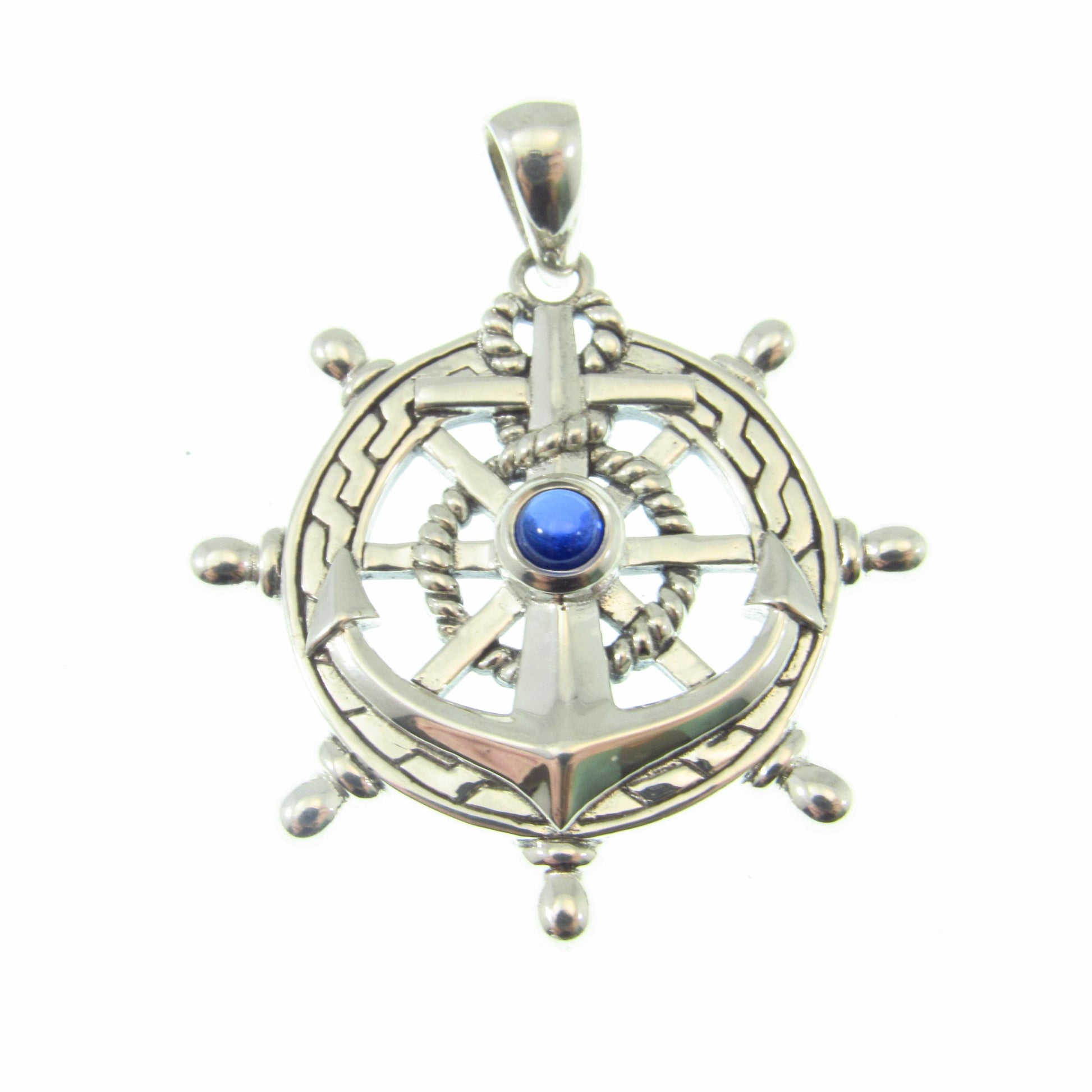 Solid 925 Sterling Silver Ship Wheel and Anchor Pendant, Blue Sapphire Gemstone, Nautical Compass & Helm Amulet, Sailcore Gift for Men