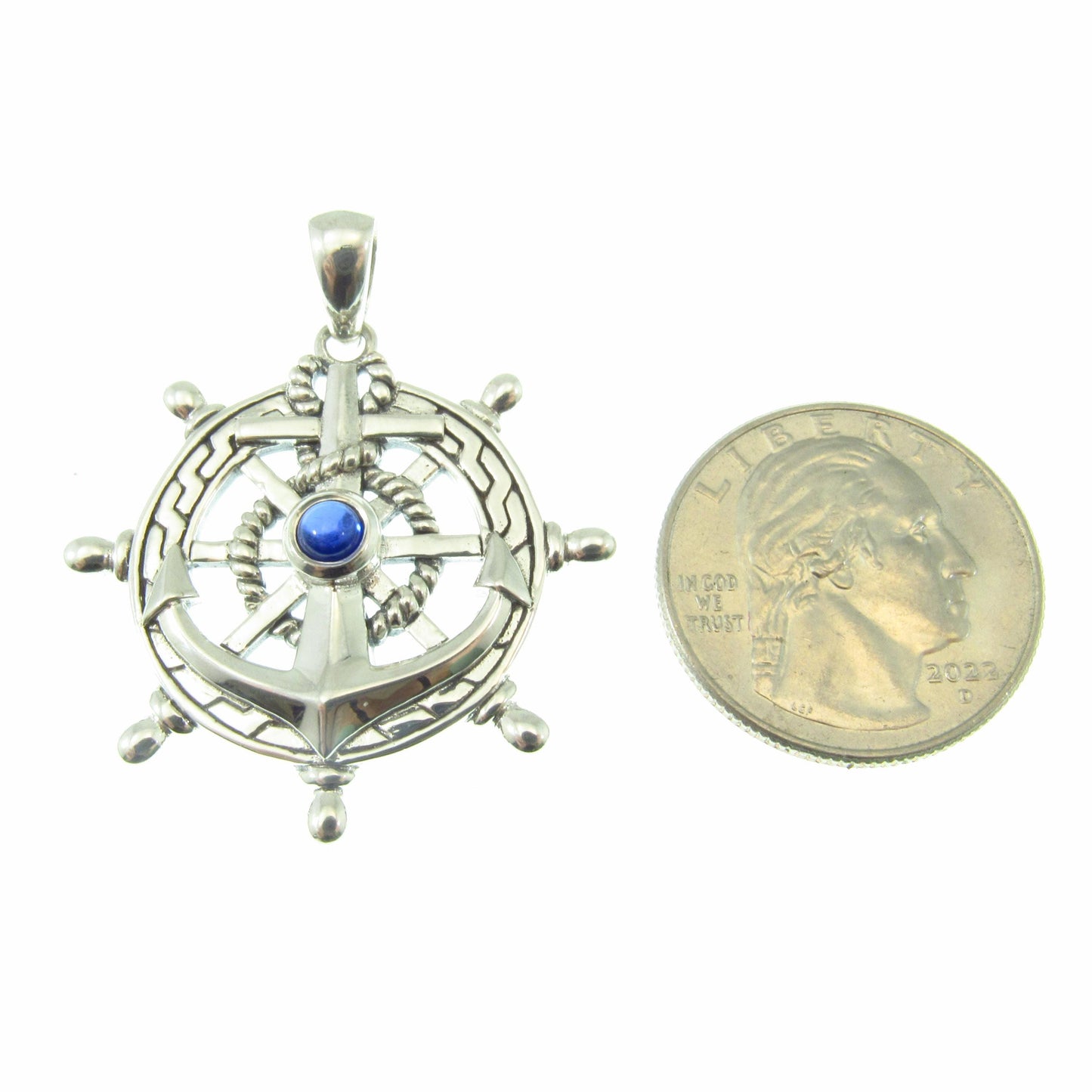 Solid 925 Sterling Silver Ship Wheel and Anchor Pendant, Blue Sapphire Gemstone, Nautical Compass & Helm Amulet, Sailcore Gift for Men