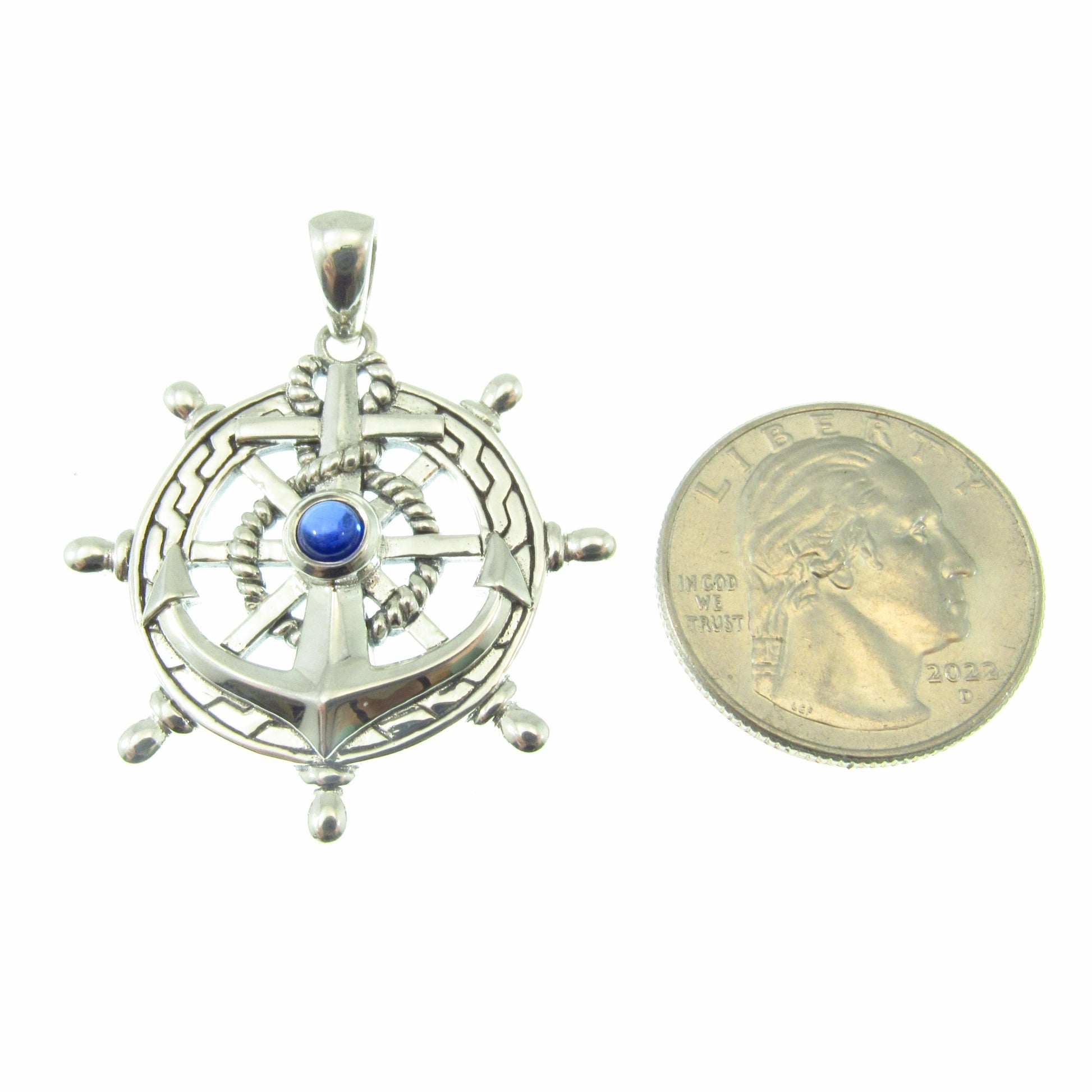 Solid 925 Sterling Silver Ship Wheel and Anchor Pendant, Blue Sapphire Gemstone, Nautical Compass & Helm Amulet, Sailcore Gift for Men
