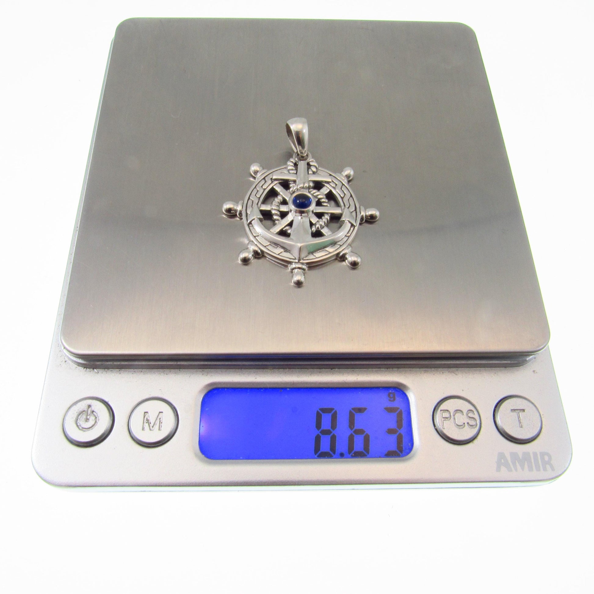Solid 925 Sterling Silver Ship Wheel and Anchor Pendant, Blue Sapphire Gemstone, Nautical Compass & Helm Amulet, Sailcore Gift for Men