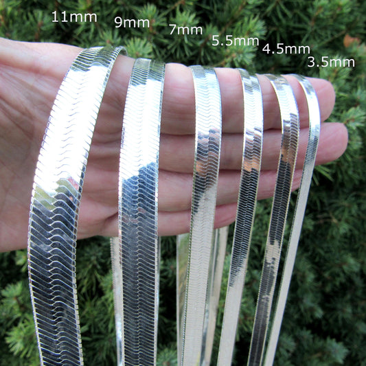 Solid 925 Sterling Silver Herringbone Chain, Unisex Italian Necklace / Bracelet, 3.5mm - 11mm, 7 - 30 Inches, Women's Layering Jewelry Gift