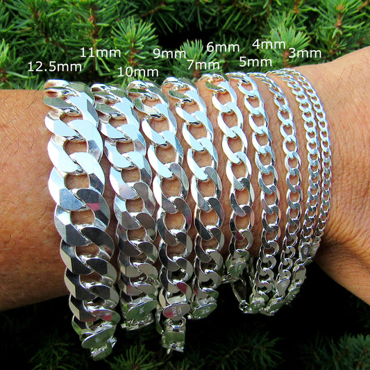 Solid 925 Sterling Silver Curb Chain Bracelet, Heavy Cuban Link Wristwear Chains for Men, Dainty Unisex Jewelry for Women, Made in Italy