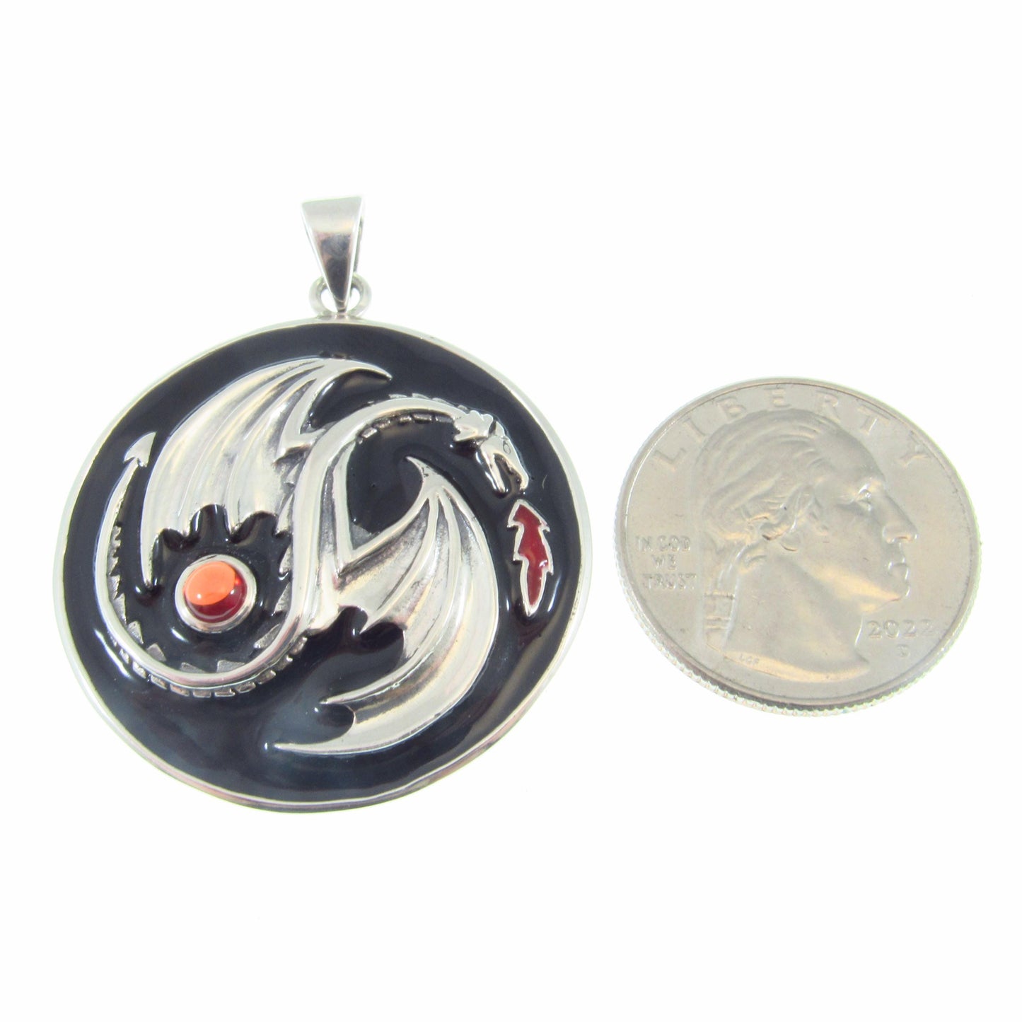 Solid 925 Sterling Silver Yin Yang Dragon Pendant with Red Garnet Gemstone, Gothic and Fantasy Jewelry, Dragoncore Medallion Gift for Him
