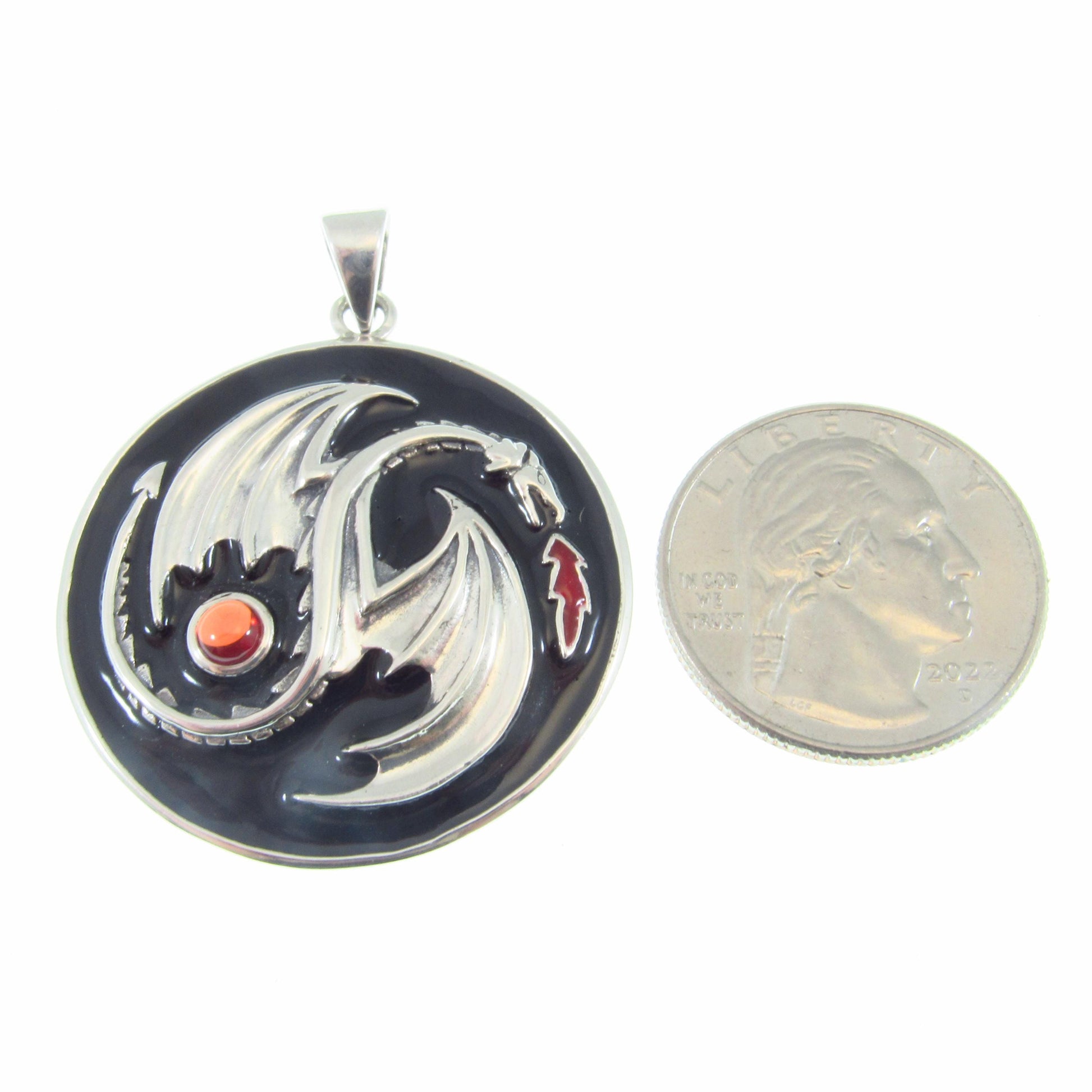 Solid 925 Sterling Silver Yin Yang Dragon Pendant with Red Garnet Gemstone, Gothic and Fantasy Jewelry, Dragoncore Medallion Gift for Him