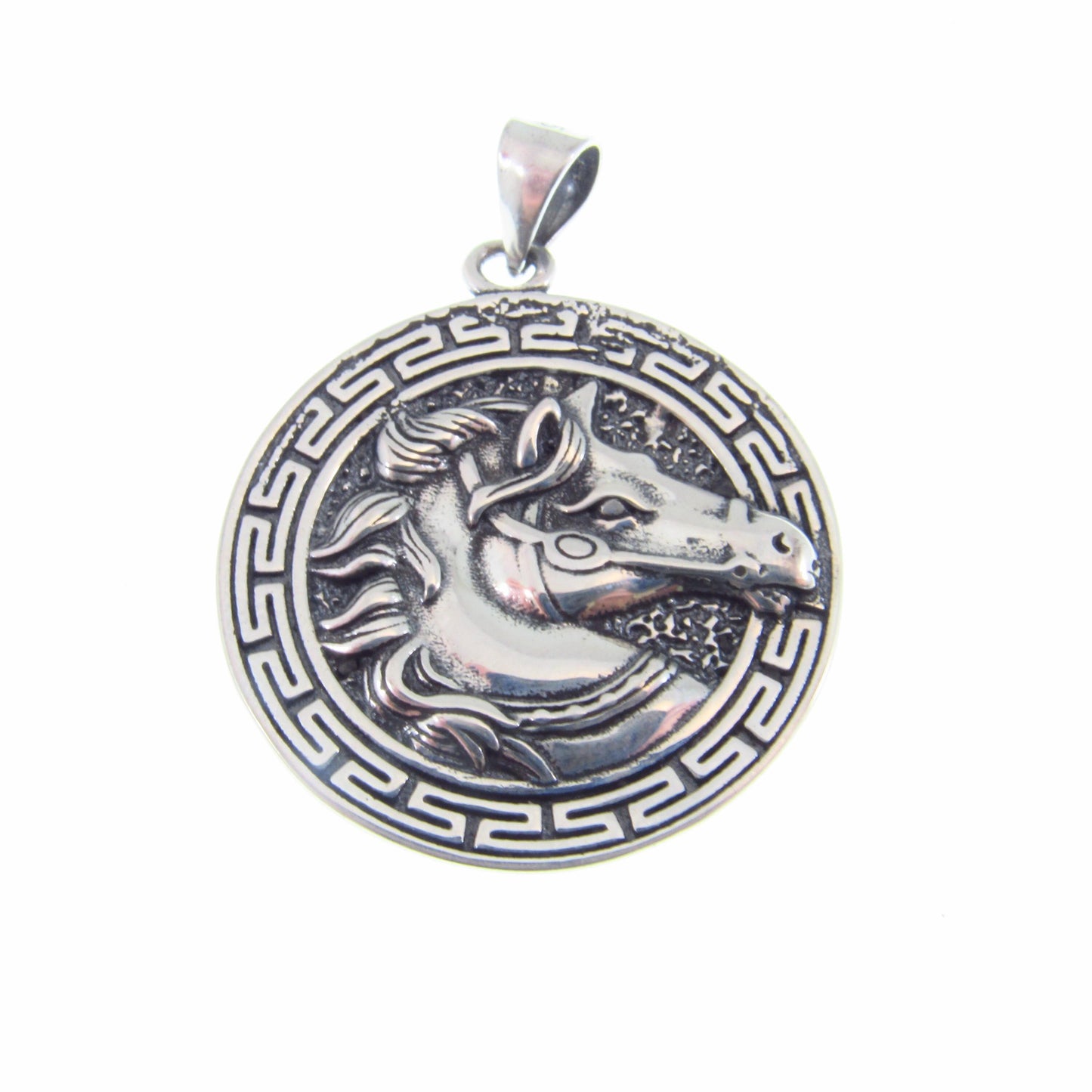 Solid 925 Sterling Silver Horse Medallion Pendant | Greek Key Puzzle, Equestrian “Coin” Necklace Amulet, Stallion Head Charm, Animal Jewelry
