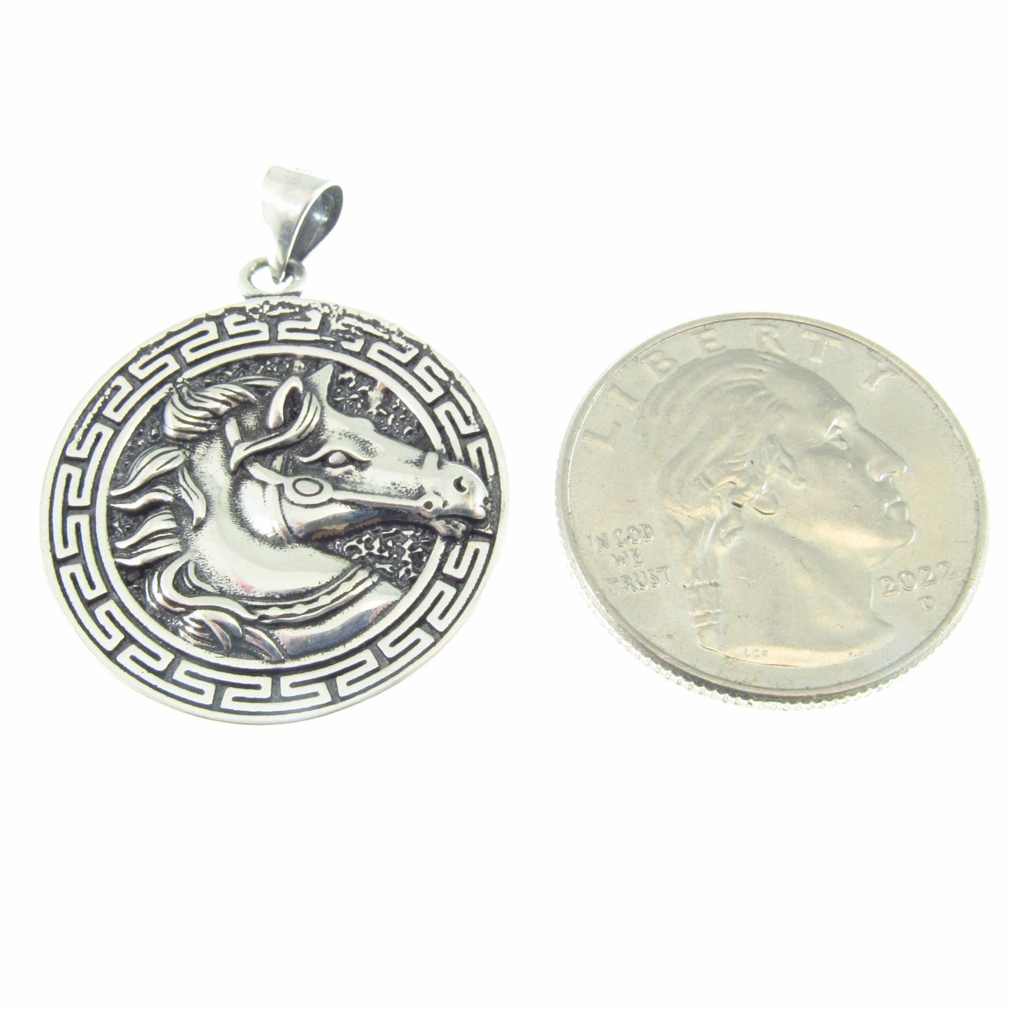 Solid 925 Sterling Silver Horse Medallion Pendant | Greek Key Puzzle, Equestrian “Coin” Necklace Amulet, Stallion Head Charm, Animal Jewelry